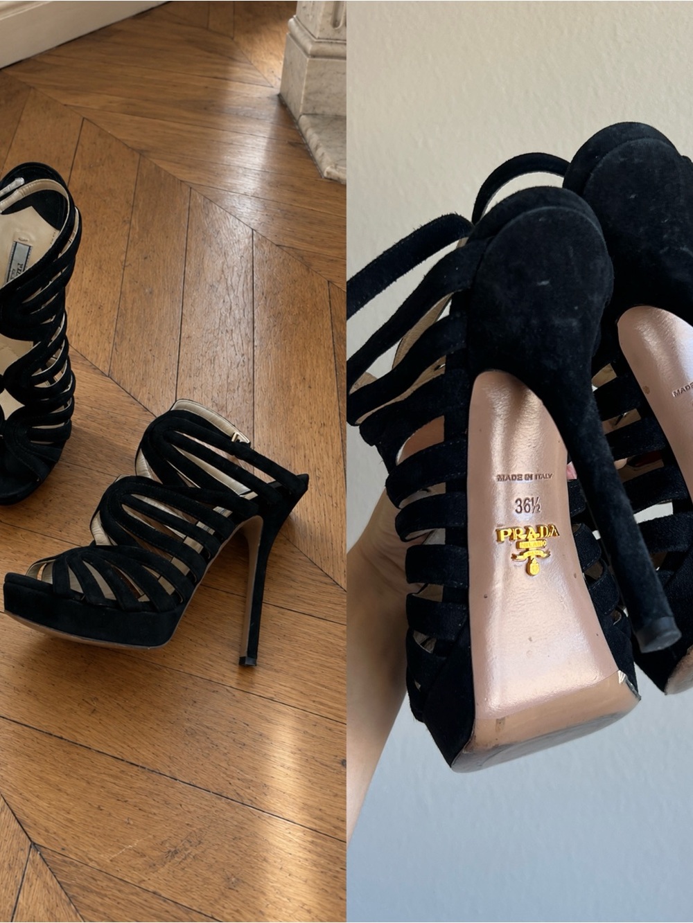 Prada Black Suede Cage Strappy Platform Stiletto Heels